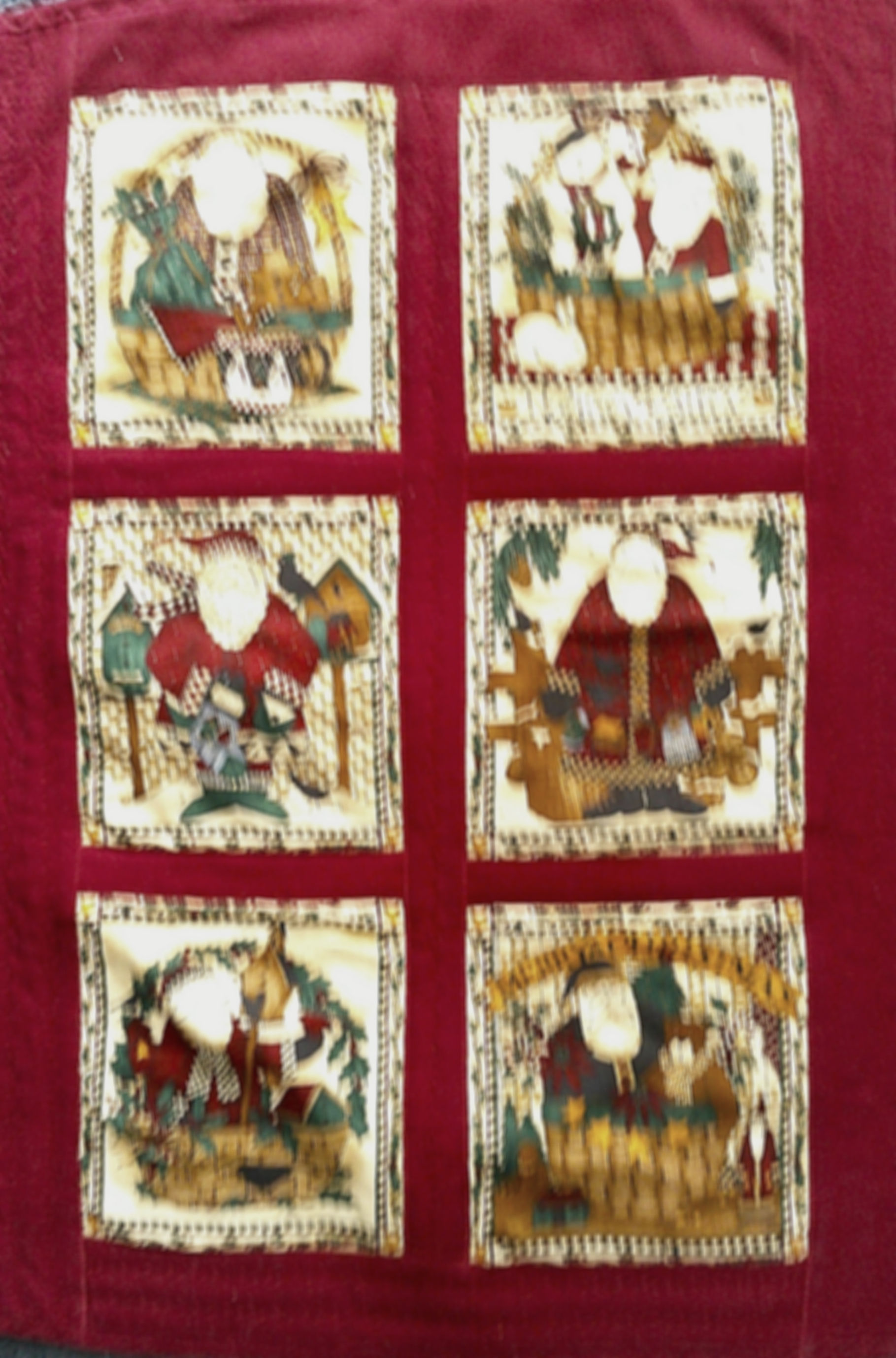 Six Santas Wall Quilt in Red: 17x24.5--Enhanced and Pieced Wall Decor