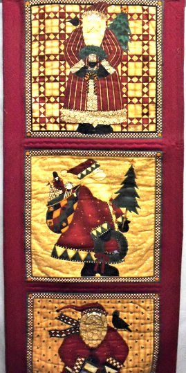 Three Santas Wall Quilt in Red: 17x44--Enhanced & Pieced Wall Decor
