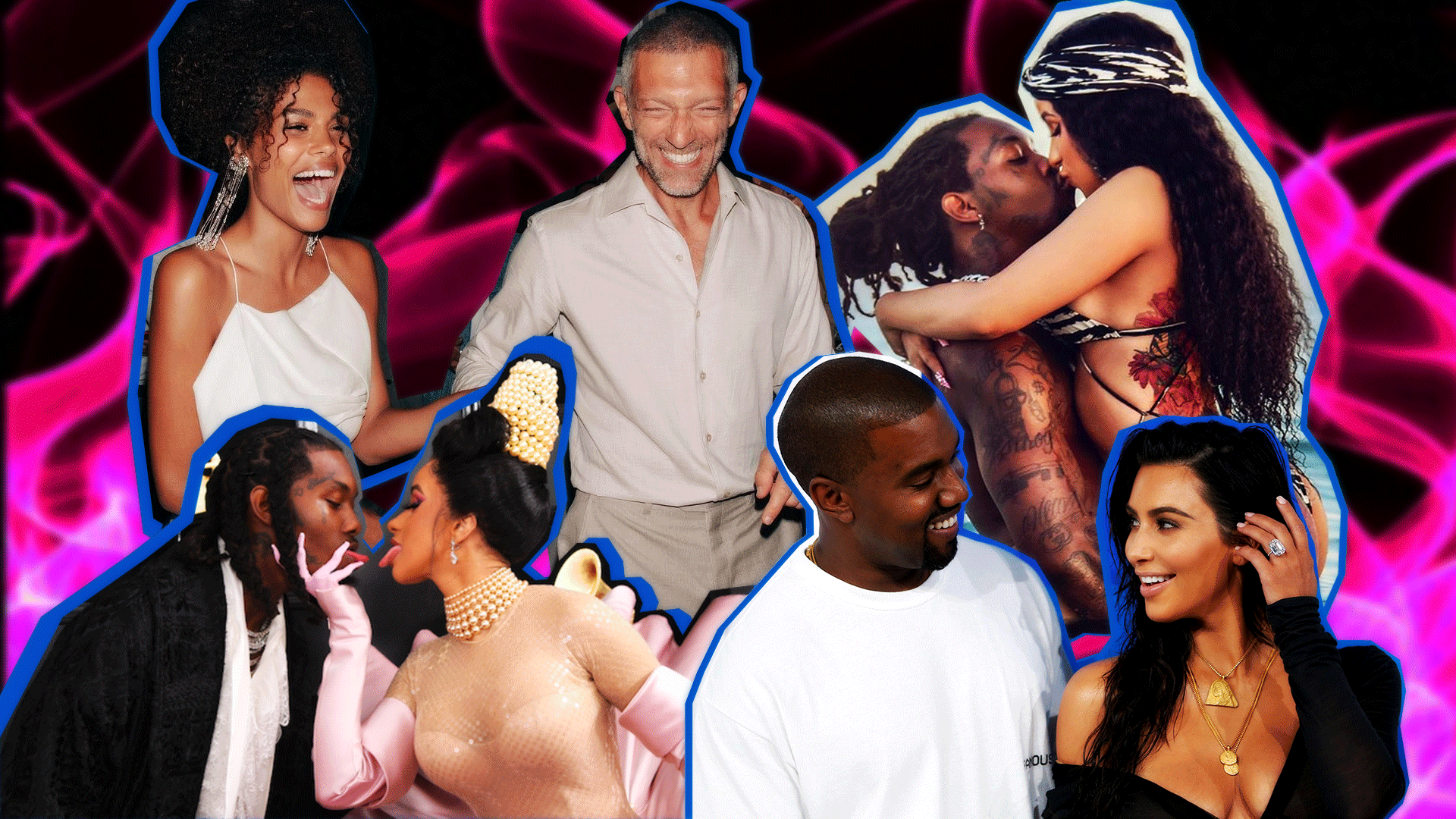 Kanye West, Kim Kardashian-West, Cardi B, Offset, Vincent Cassel and Tina Kunakey