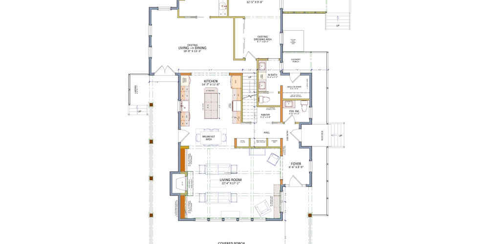 Ranch to Farmhouse Addition and Remodel. The downstairs floor plan included a new living room and kitchen