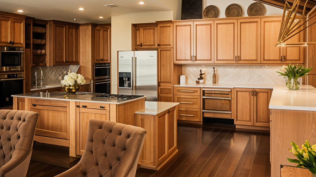 Traditional-style kitchen with warm tones, wood textures, and stainless steel appliances