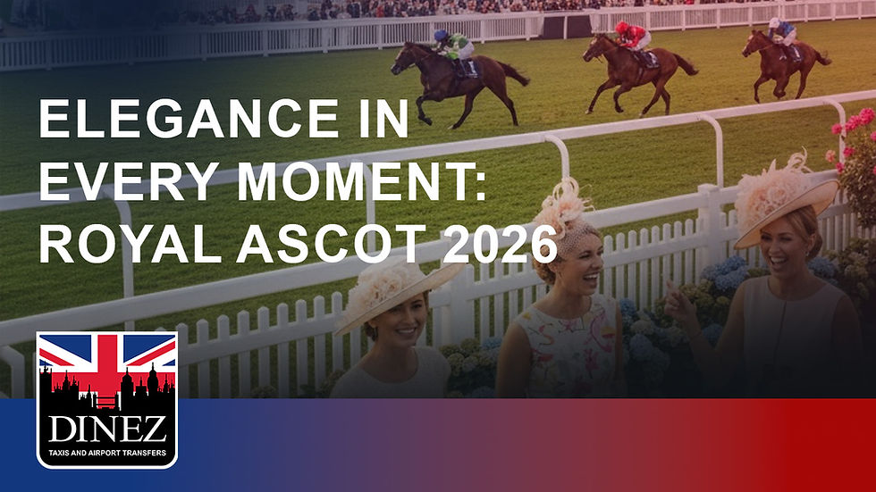 Elegant guests in formal attire enjoying the races at Royal Ascot 2026, with horses competing on the track, representing luxury travel and stylish event experiences in the UK.