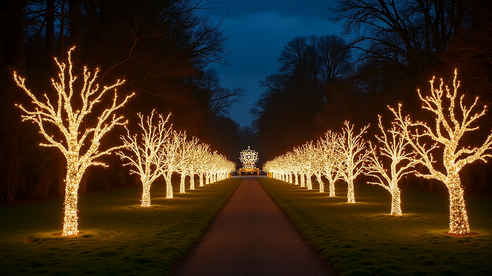 Wide angle view of illuminated trees and light sculptures at Kew Gardens Christmas trail