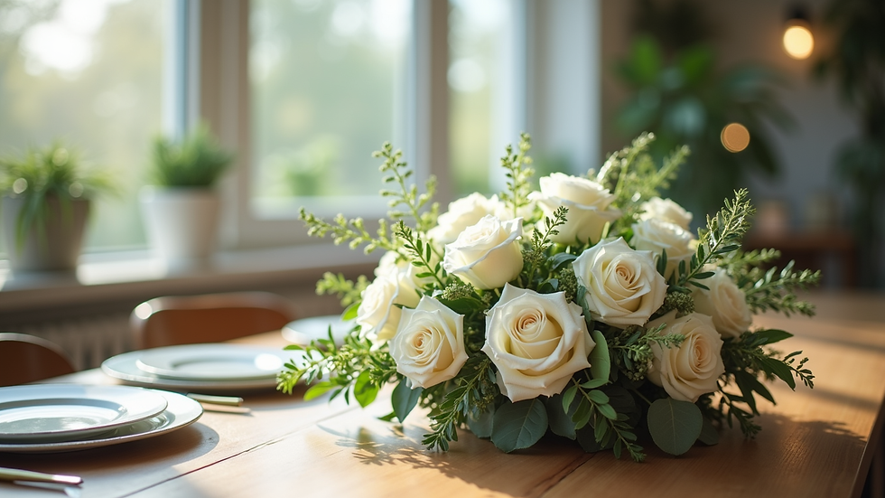 eye-level view of elegant white and green floral arrangement on a wooden table