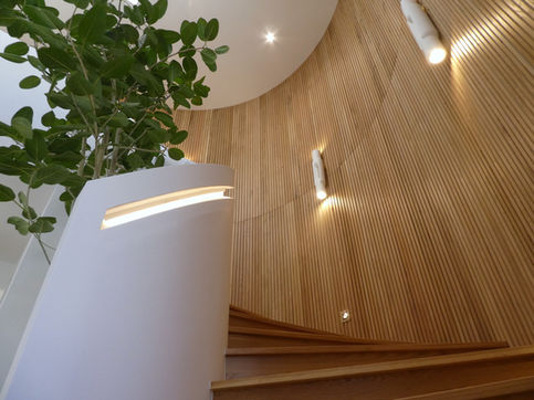 From the bottom of this spiral staircase looking up you can see the stairs, custom oak slat wall, lighted grab rail, ceiling and stair lights, and a tree in the inside of the curve.