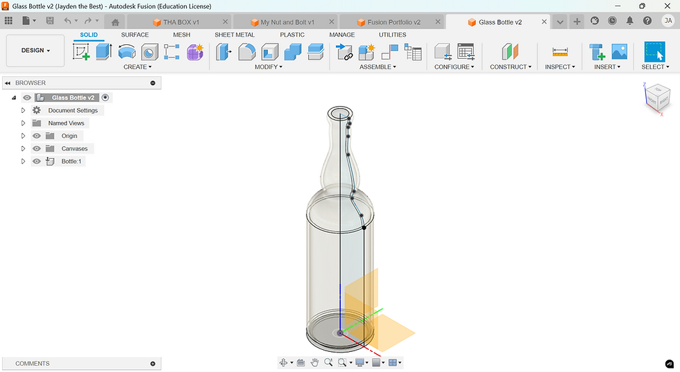 Fusion 360 interface with a 3D glass bottle design. Tools and tabs visible at the top. The workspace shows grid planes and axes.