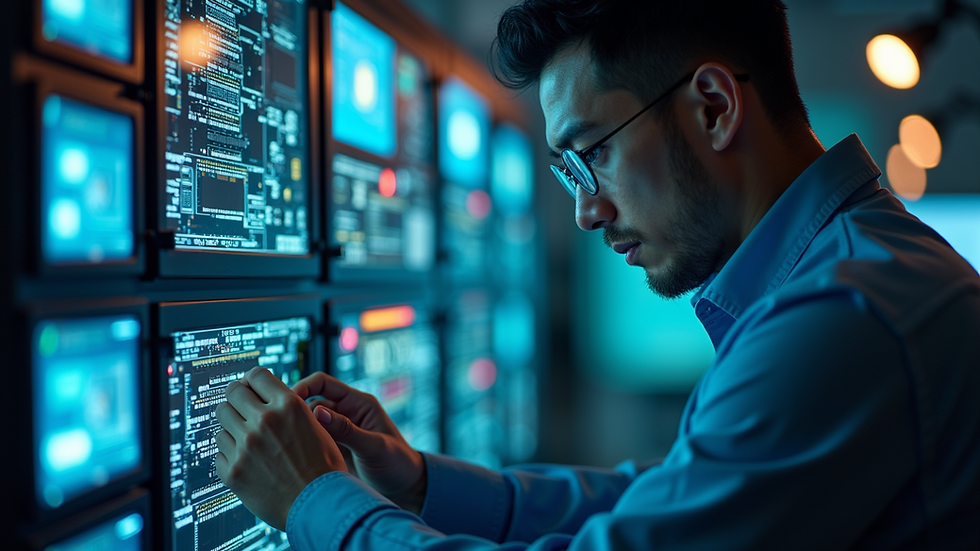 Close-up view of a technician working on RF integration equipment