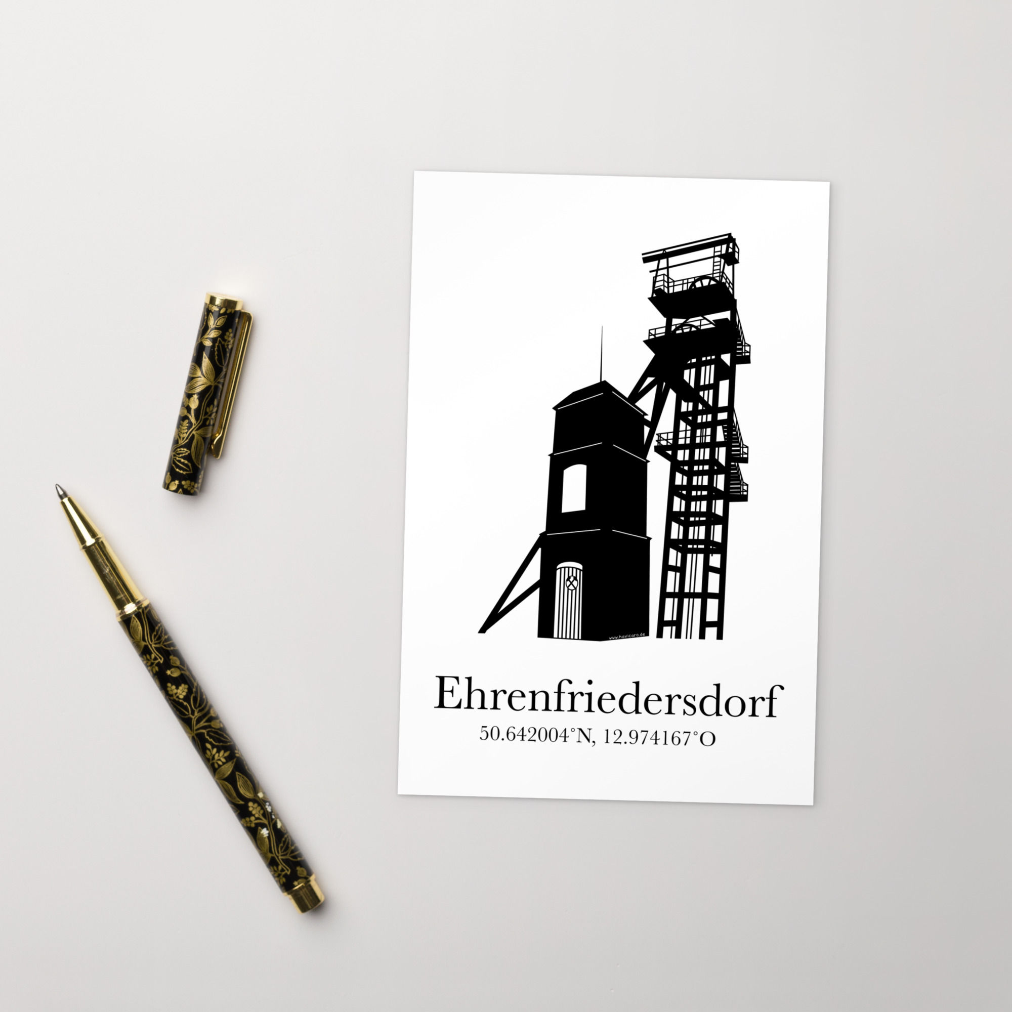 Ehrenfriedersdorf Postkarte mit Sauberg Förderturm und Koordinaten