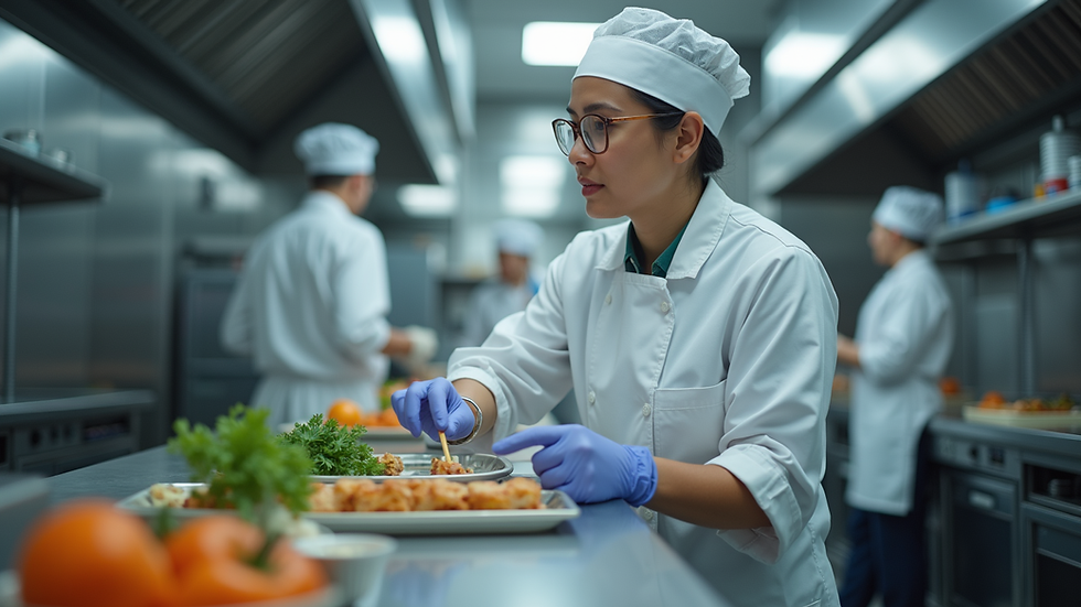 Eye-level view of a food safety inspection in a kitchen