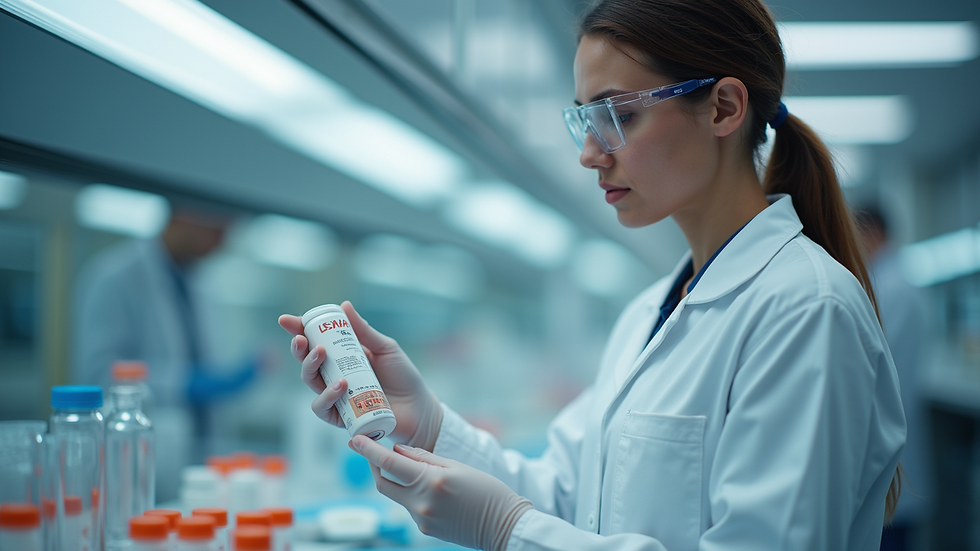 Close-up view of a laboratory technician inspecting pharmaceutical products