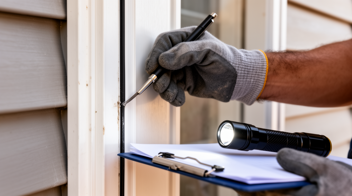 Home inspector documenting exterior door and trim details on a newly built house