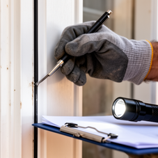 Home inspector documenting exterior door and trim details on a newly built house