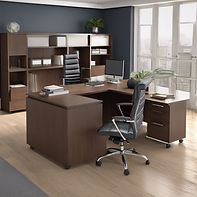 L-shaped office desk with drawers and a