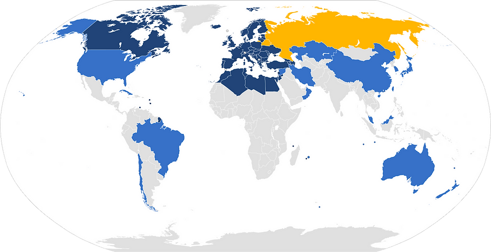 Members of the European Broadcasting Union. Countries with one or more EBU members in dark blue, associated members in light blue and suspended members in yellow.