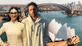 Klavdia and Konstantinos Argiros infront of a backdrop of Sydney Harbour Bridge