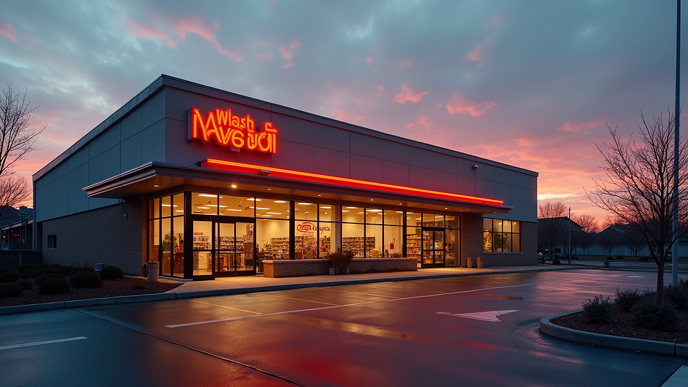 Wide angle view of a commercial building exterior at sunset