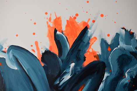 Abstract painting with blue and orange brushstrokes.