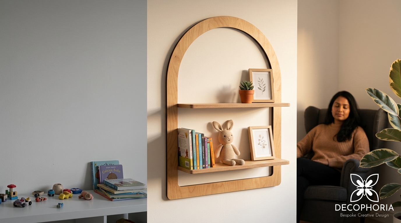From cluttered to cosy: the wall arch with floating shelves kids still love