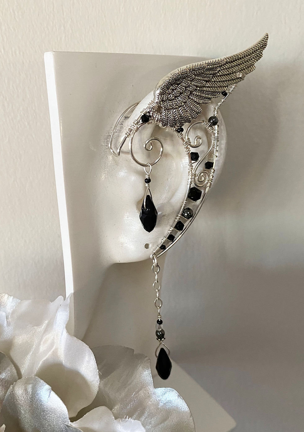 Thumbnail: Sterling Wire Ear Wraps with Black Swarovski Crystal Teardrops and Wing CHARM