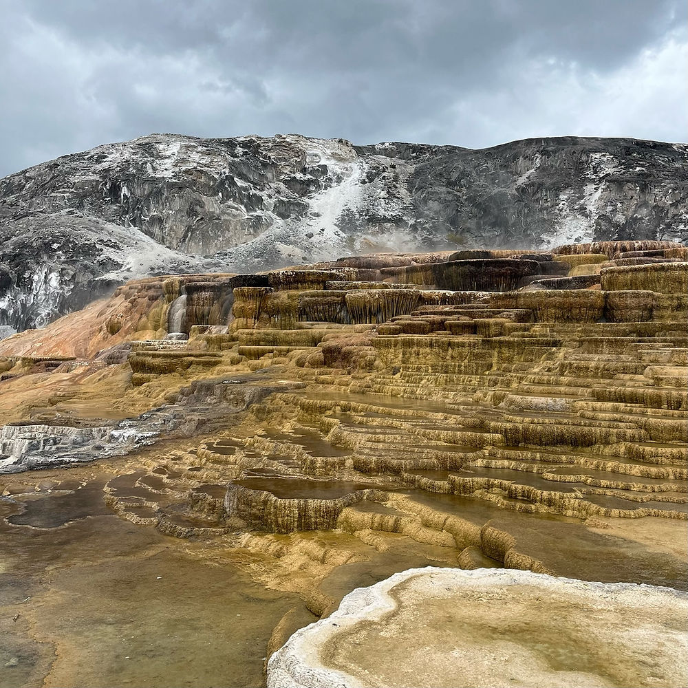 Brown and gold travertine terraces on a volcanic landscape covered in rain