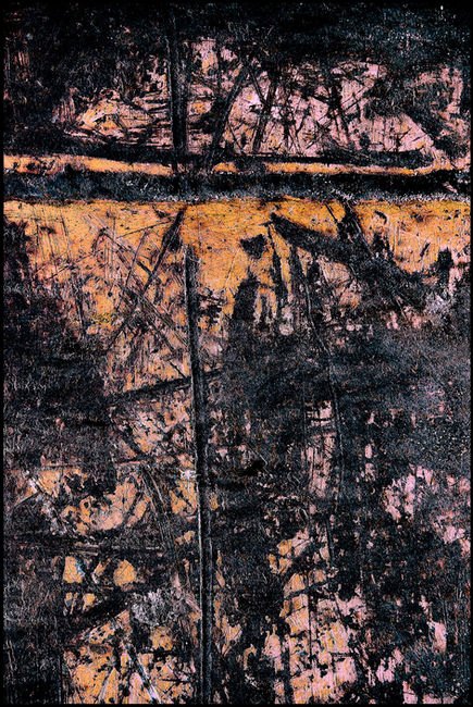 Strong black contrasts with warm colors in a dynamic, abstract work of depth, movement, and open interpretation.