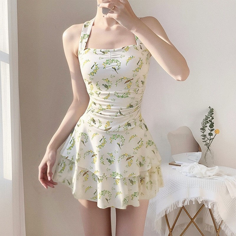 【優雅小香風】連身裙式女泳衣|胸前扭結抓皺收腰顯瘦泳裝|保守遮肉性感女泳衣|防氯速乾泡溫泉度假泳裝