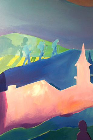 A painting in pink of a church steeple