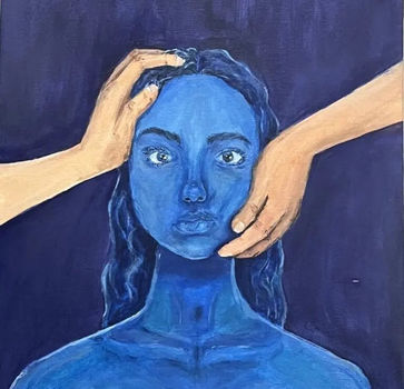A painting of two hands holding a face painted in blue
