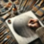 A creative scene showcasing different brush techniques to add texture in art. The image features an artist using dry brush and stippling techniques on a canvas, with various brushes and paint tubes visible.