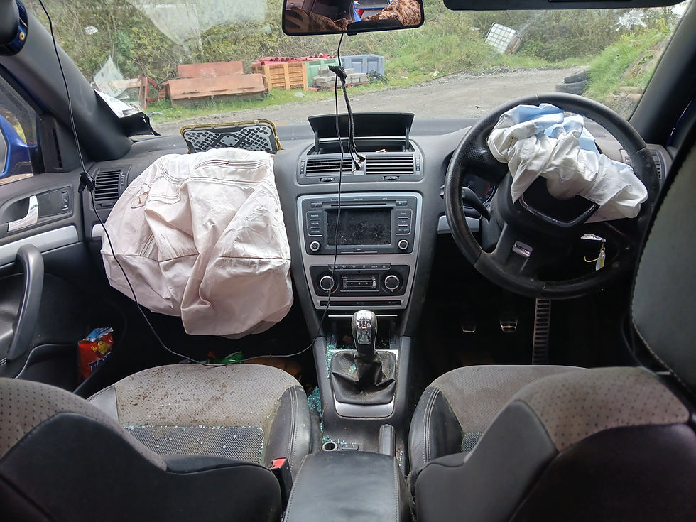 Thumbnail: Deployed airbags in a wrecked car interior