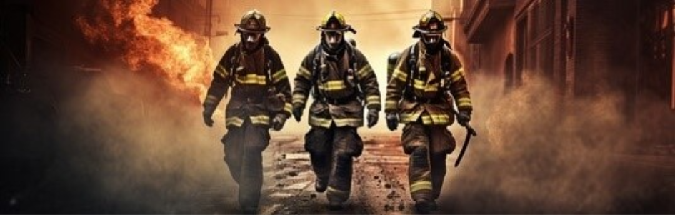 Three firemen emerging from the smoke and fire heavily suited up in protective gear.