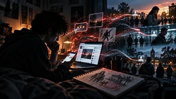 A young man studies his phone beside a laptop and sketchbook containing disturbing drawings, while glowing digital connections link online messages and social media activity to people across a college campus, illustrating potential warning signs and leakage in behavioral threat assessment.