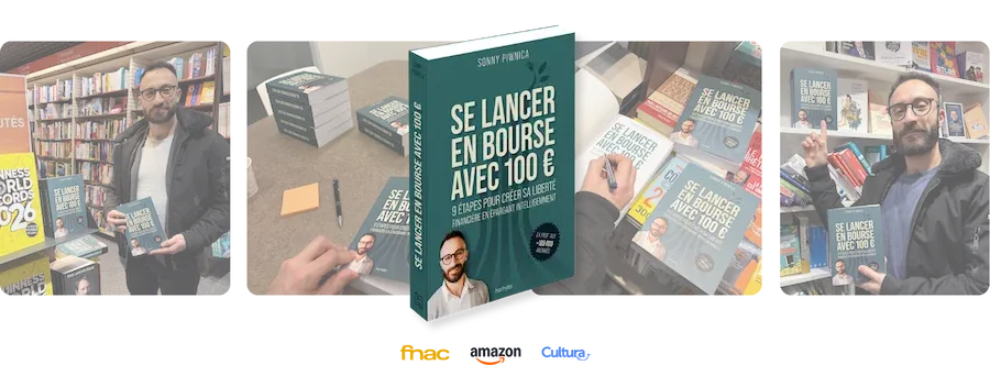 Affiche promo de Sonny Piwnica et du livre Se lancer en bourse avec 100 €, en librairie, avec logos Fnac, Amazon, Cultura.