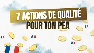7 actions PEA illustrées par des pièces d’or et drapeaux français sur fond clair, symbolisant des stratégies d’investissement boursier en France