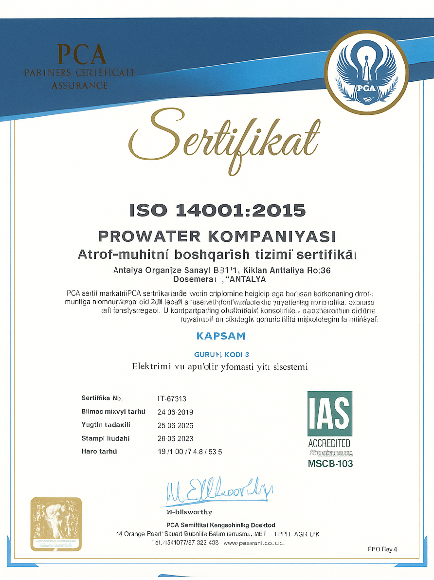 Bu sertifikat Prowater kompaniyasining atrof-muhitga bo‘lgan mas’uliyatini tasdiqlaydi. ISO 14001:20