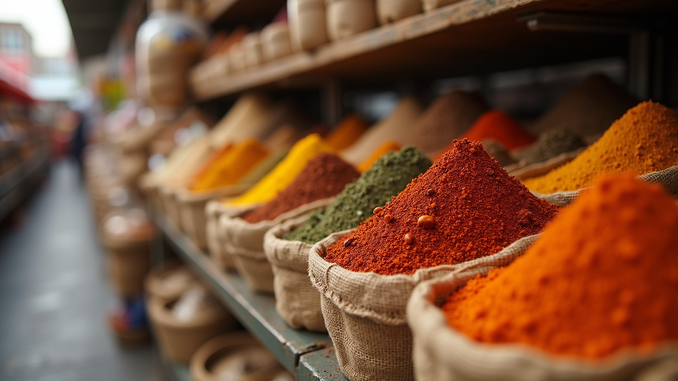 Close-up view of packaged African spices on market shelves