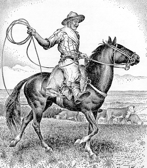 Boiadeiro montado a cavalo com laço na mão. Ao fundo um descampado com gados.