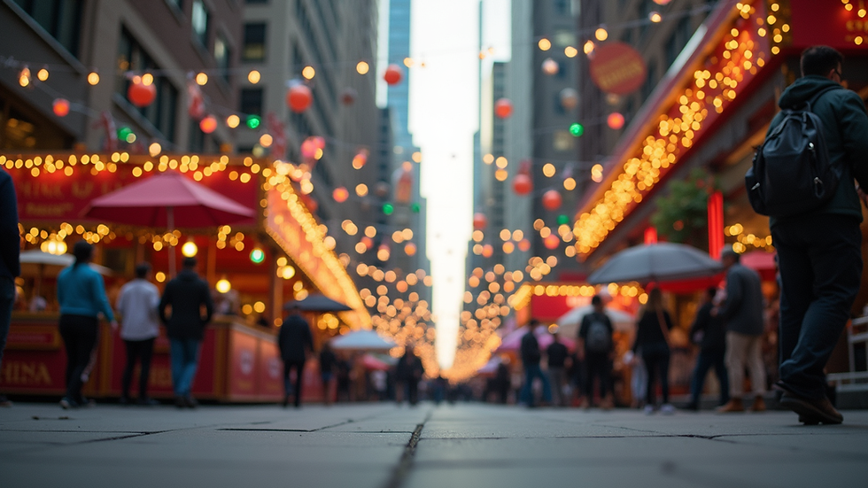 Eye-level view of a lively Chicago street festival with colorful decorations