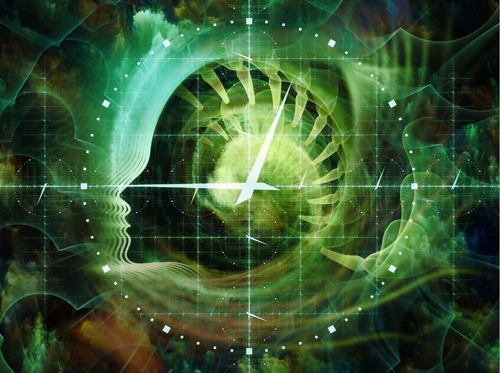 A surreal depiction of time and consciousness intertwining, portrayed through vibrant green hues and abstract human facial profiles juxtaposed with clock elements.