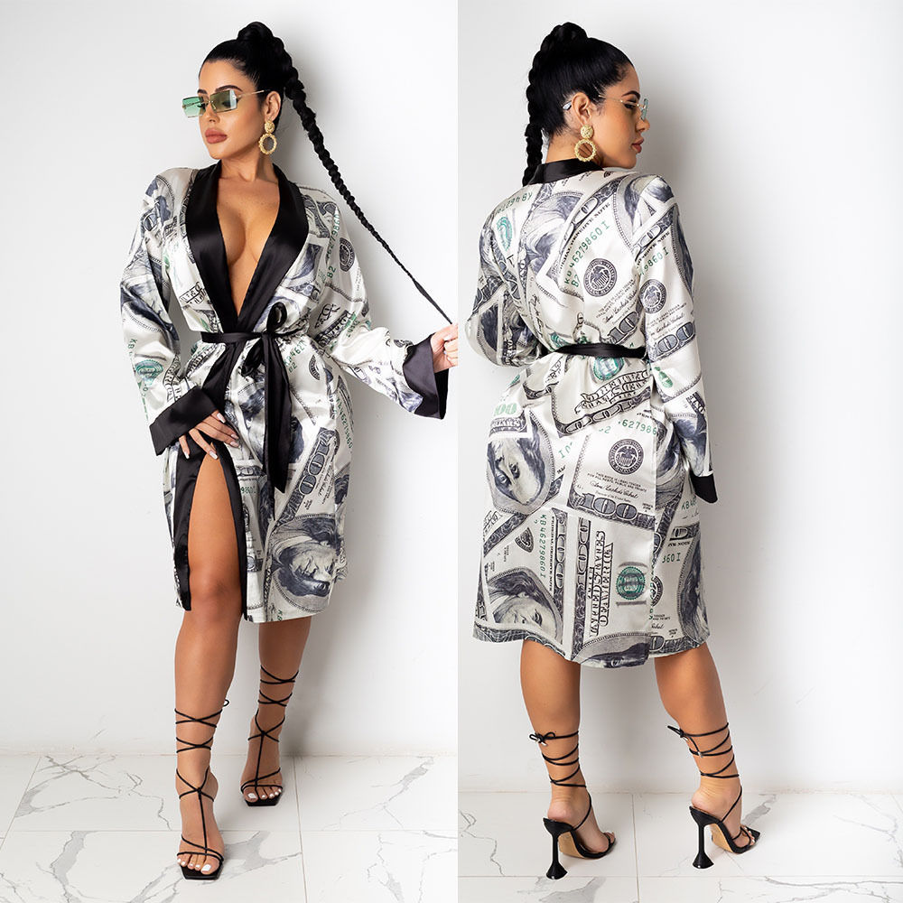 Womens Sexy Money Robe Kimono Satin