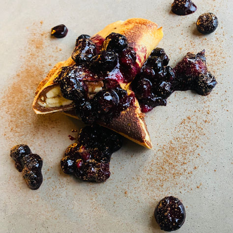 Decadent Chocolate Peanut Banana Coconut Crepes with Berry Compote 