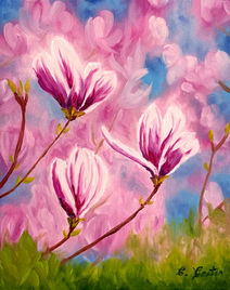 Oil painting titled Magnolia Morning featuring vibrant pink magnolia blossoms against a bright blue sky; a joyful depiction of spring and new beginnings, inspired by Lamentations 3:23: “His mercies are new every morning.”