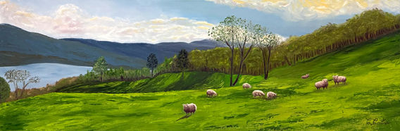 Oil painting of a peaceful green pasture with grazing sheep, set above a lake with forest and mountain backdrop; inspired by John 10:11 and portraying Jesus as the good shepherd who offers rest, protection, and eternal life with him.