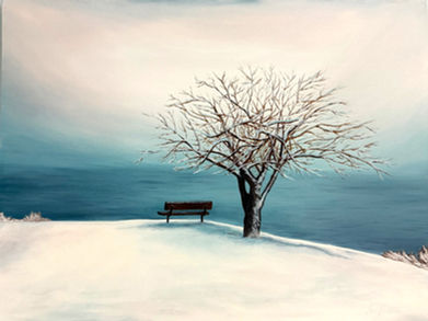 Oil painting of a quiet bench beneath a tree overlooking Semiahmoo Bay in Blaine, Washington, with snowy ground; inspired by the artist’s final snowy walk with her eldest daughter, capturing memory, beauty, and the bittersweet farewell to their home.