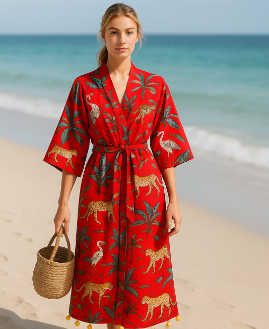 Thumbnail: 100 % Cotton Bath Robe /Kimono One Size Red