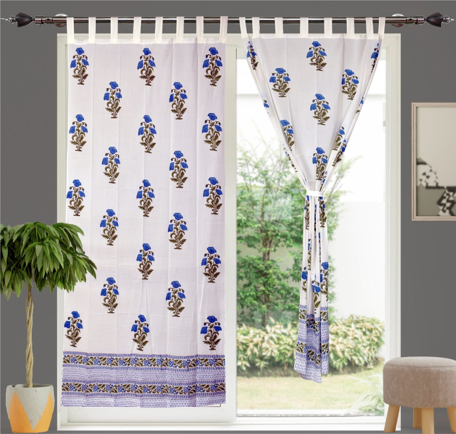 Hand Block Printed Cotton Curtains 7X4 feet Set of 2 Navy Blue