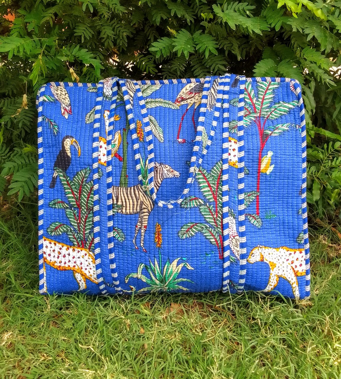 Reusable Quilted Large Cotton Tote Bag Hand Screen-Printed Floral Blue