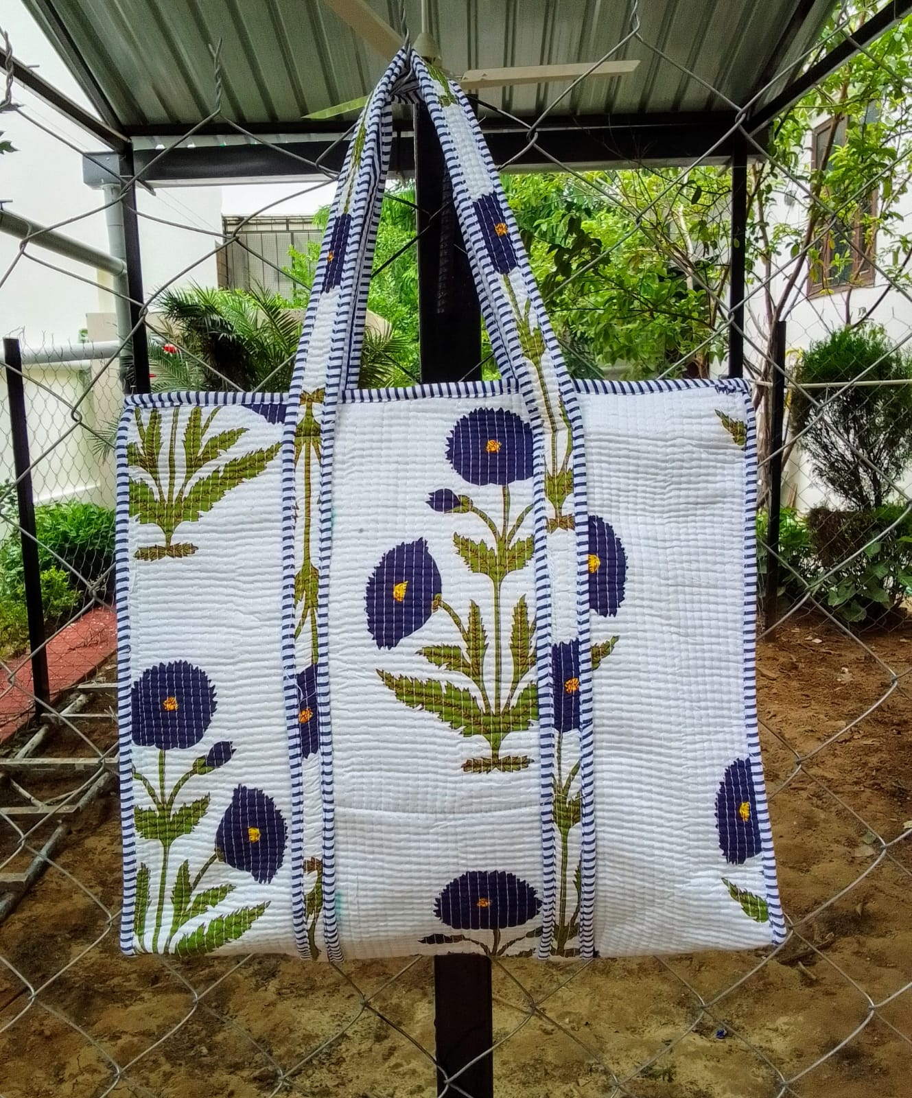 Reusable Quilted Large Cotton Tote Bag Hand Screen-Printed Floral White