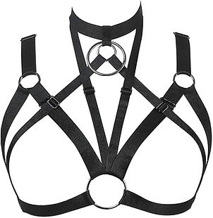 Black harness top with metal rings, straps, and adjustable buckles
