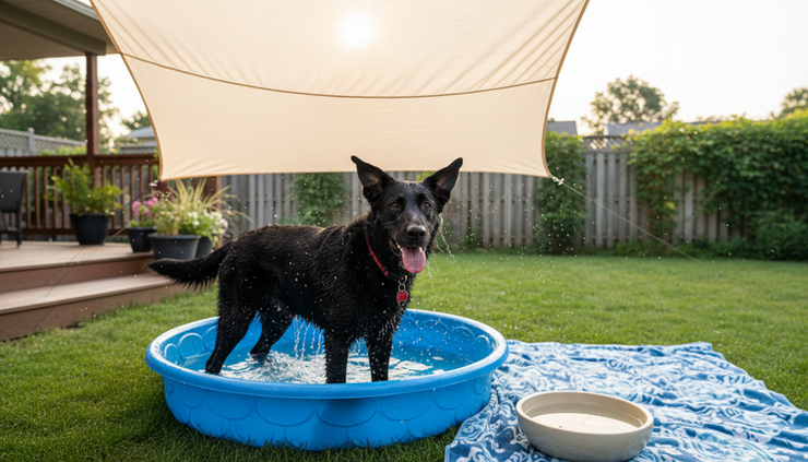 Wide-angle view of a dog standing in a shallow kiddie pool in a shaded backyard
